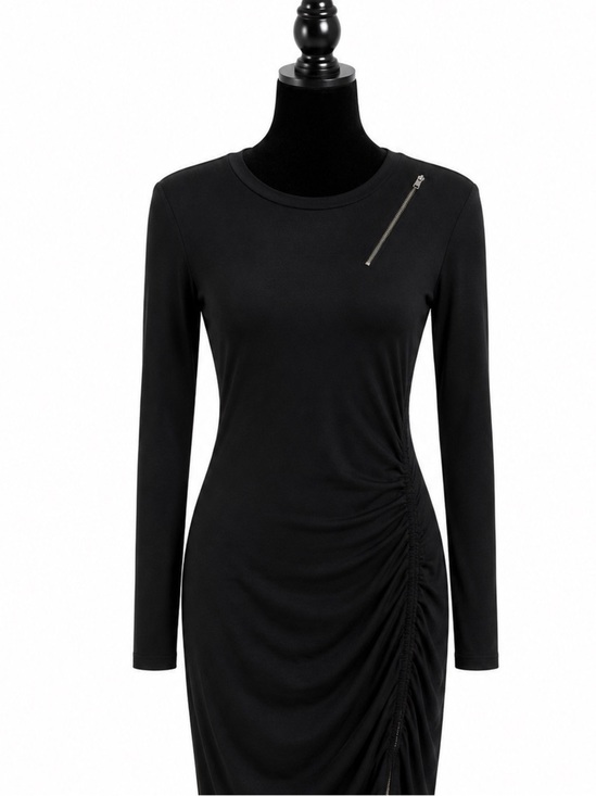 Pam & Gela Dresses & Skirts - PAM & GELA Black Ruched Bodycon Dress Round Neck Long Sleeve Zipper Petite P